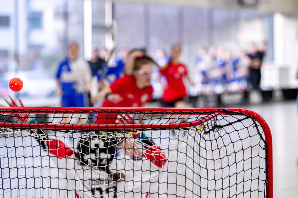 Eine Nachaufnahme von einem Floorballtor, im Hintergrund unscharf einige Personen