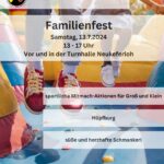 Flyer Familienfest 2024, im Hintergrund spielen Kindern, im Vordergrund einige Schlagworte