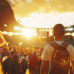 Ein junger Mann, von hinten fotografiert, steht in einem Fußballstation während eines Sonnenuntergangs