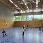 Eine Sporthalle mit vielen kleinen Kindern, die Basketball spielen und dazu einige Eltern
