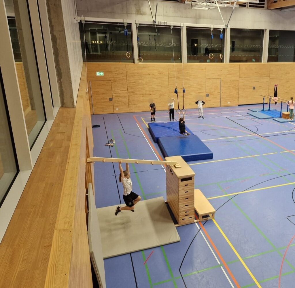 Bild einer Turnhalle mit Turngeräte, dazu turnende Kinder